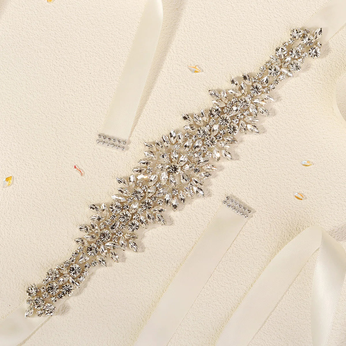 Crystal Rhinestone Bridal Sash Belt with Ivory Ribbon