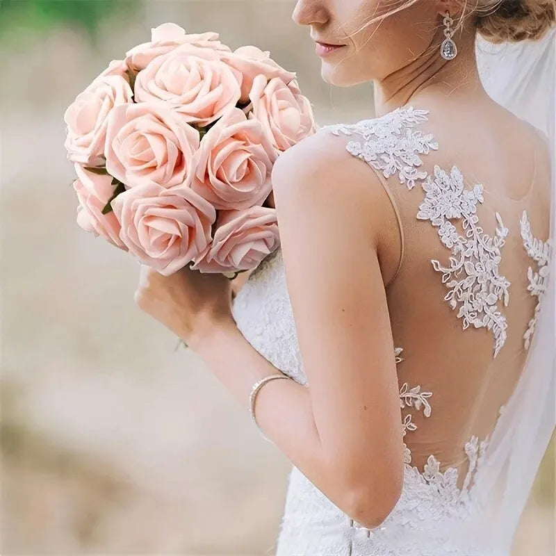 25pcs Artificial Flowers, Fake Flowers Roses W/stem For DIY Wedding Bo