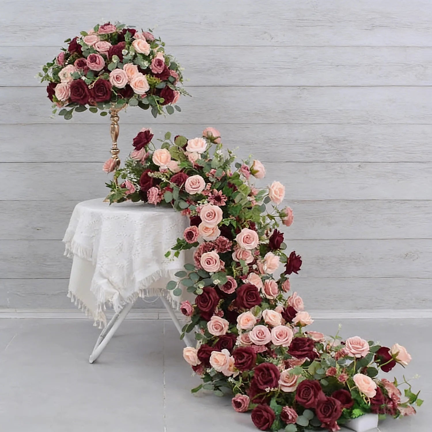Burgundy and Blush Floral Wedding Table Runner and Flower Ball