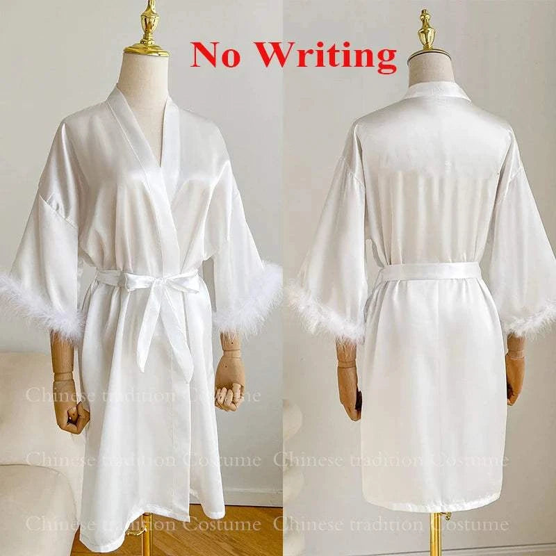White Bride Wedding Robe with Feathers Women Satin Peignoir Sexy Bride