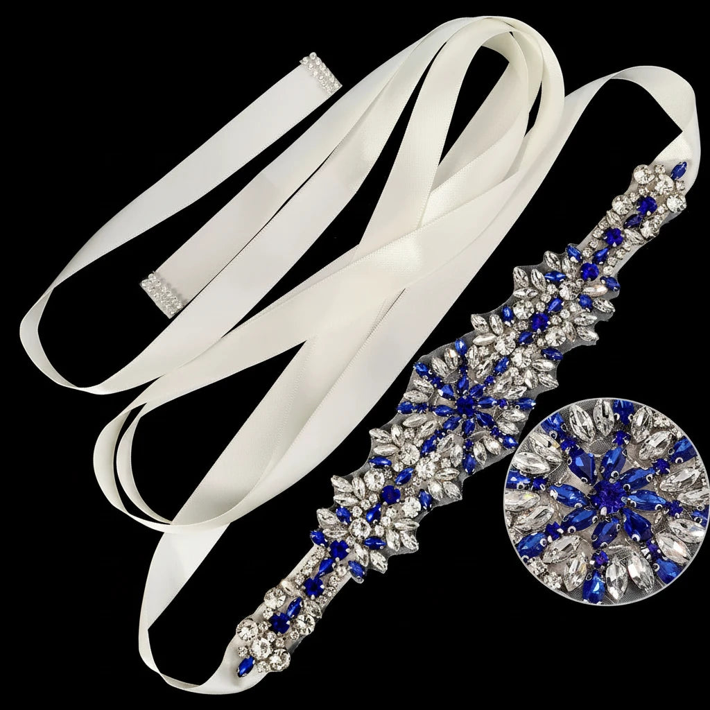 Crystal Rhinestone Bridal Sash Belt with Ivory Ribbon