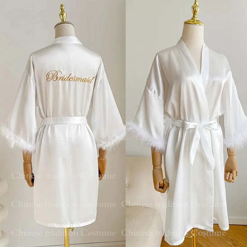 White Bride Wedding Robe with Feathers Women Satin Peignoir Sexy Bride