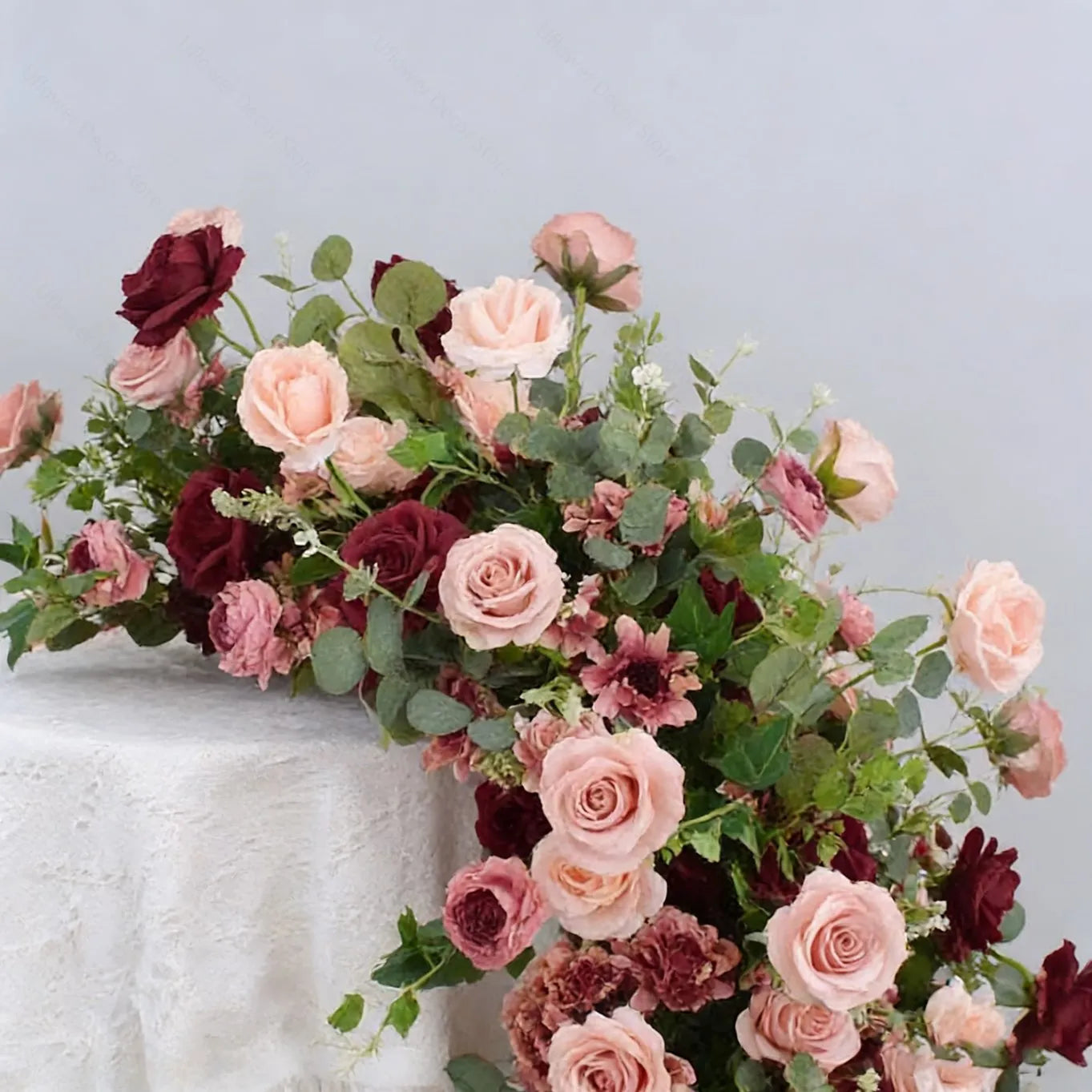 Burgundy and Blush Floral Wedding Table Runner and Flower Ball