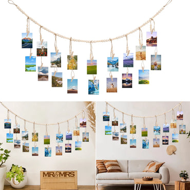 Wooden Beads Photo Garland Banner Wedding Decoration For Home Living Room Decoration Wall Hanging Photo Display Rustic Decor