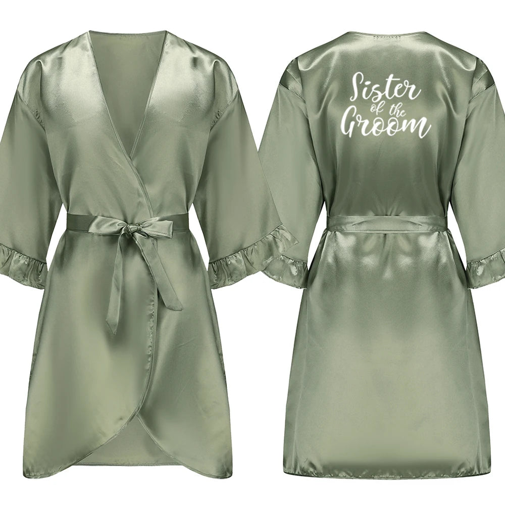 Sage Green and White Satin Silk Robes for Wedding Party