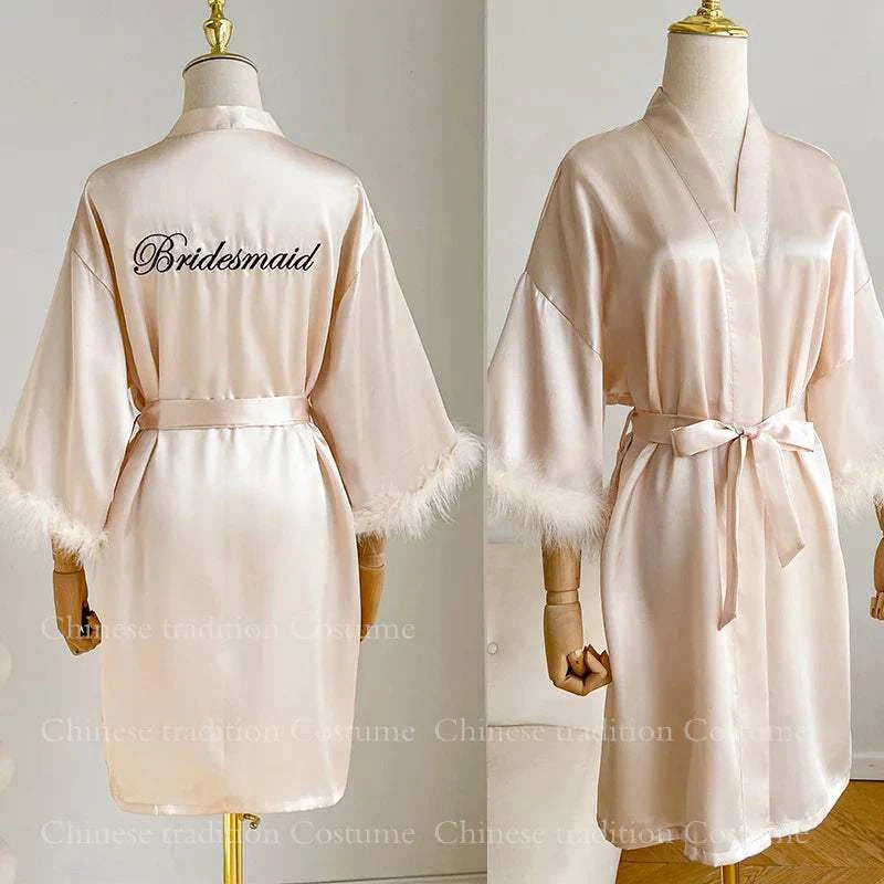 White Bride Wedding Robe with Feathers Women Satin Peignoir Sexy Bride