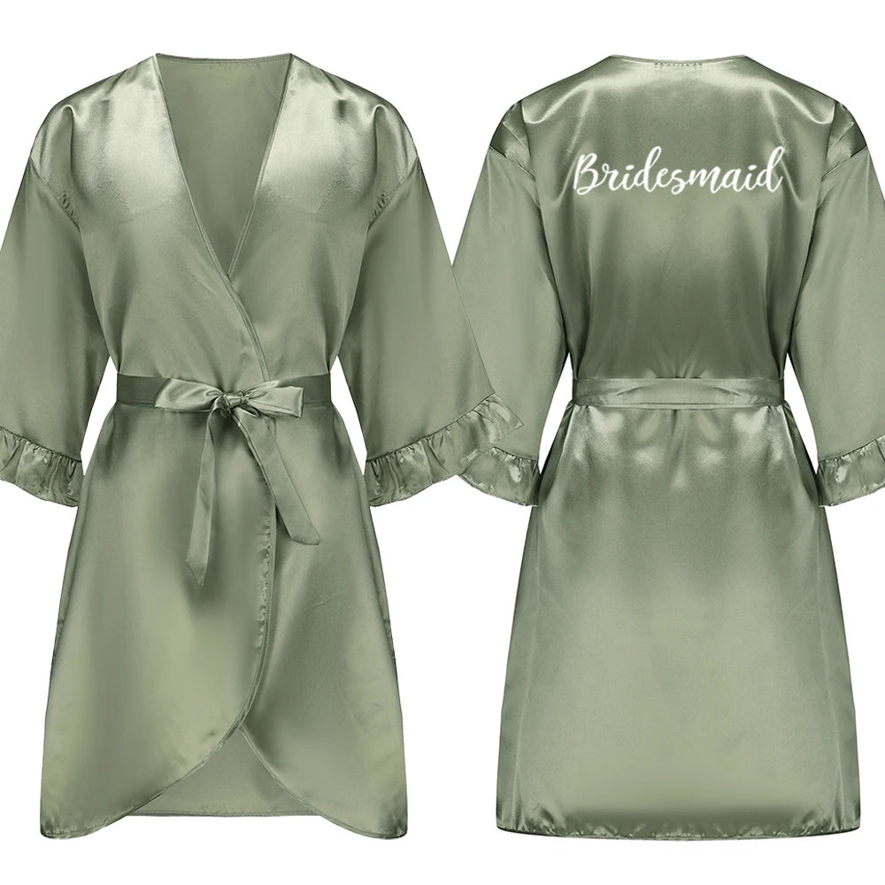 Sage Green and White Satin Silk Robes for Wedding Party