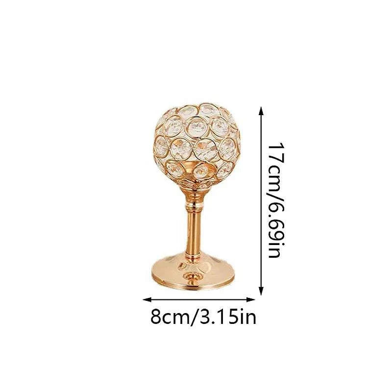 Golden candle holder tea light candlestick with crystal accents, 17cm tall, elegant gold finish for home decor and events