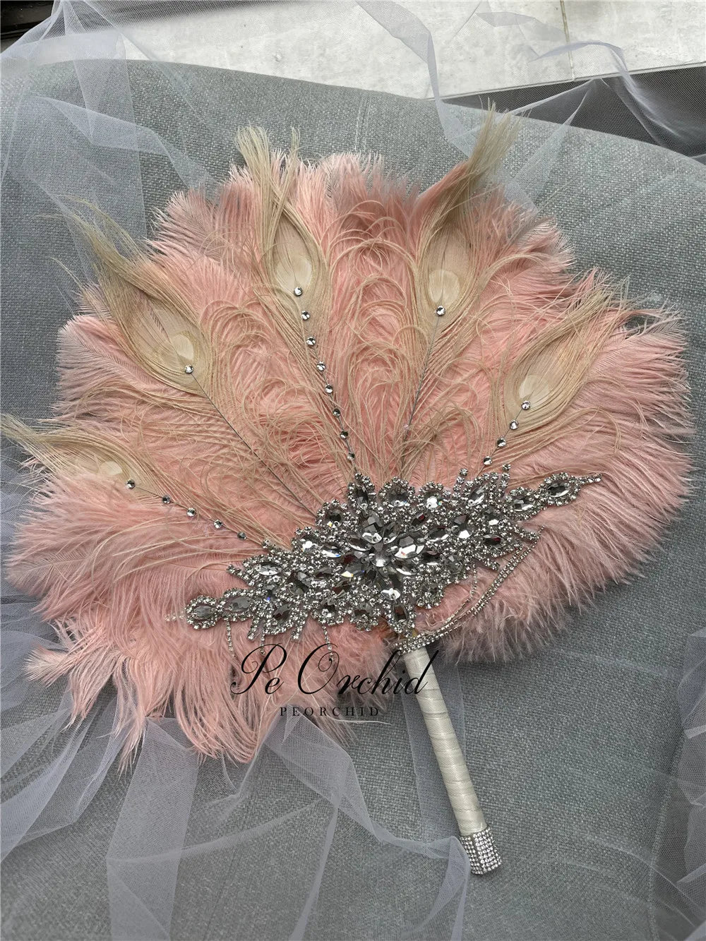 Pink Crystal Feather Bridal Fan