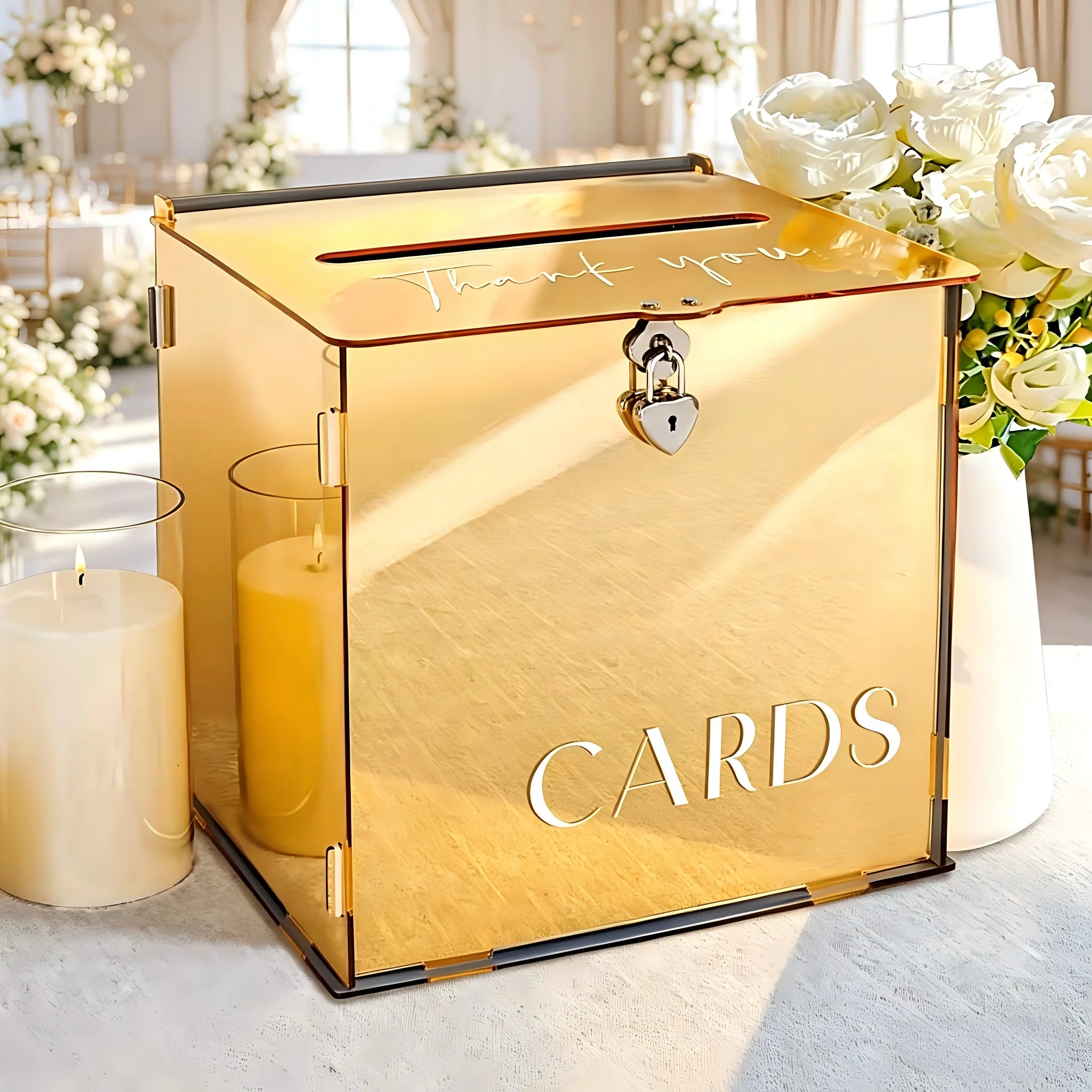 Gold Acrylic Wedding Card Box with Lock  
Gold Mirror Acrylic