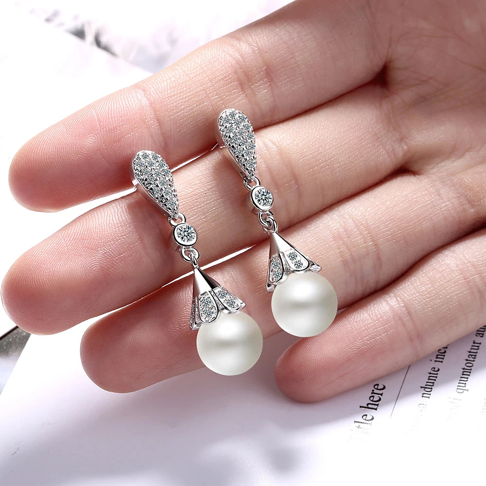 Crystal Teardrop Pearl Drop Earrings – 925 Sterling Silver