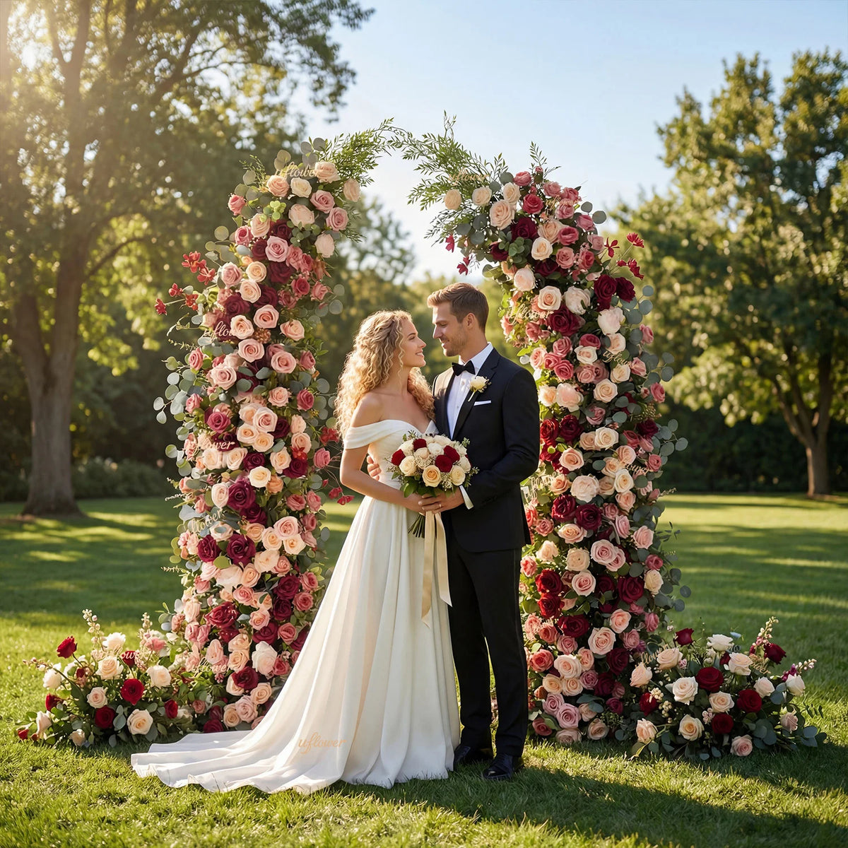 Romantic Rose & Eucalyptus Wedding Arch Floral Arrangement