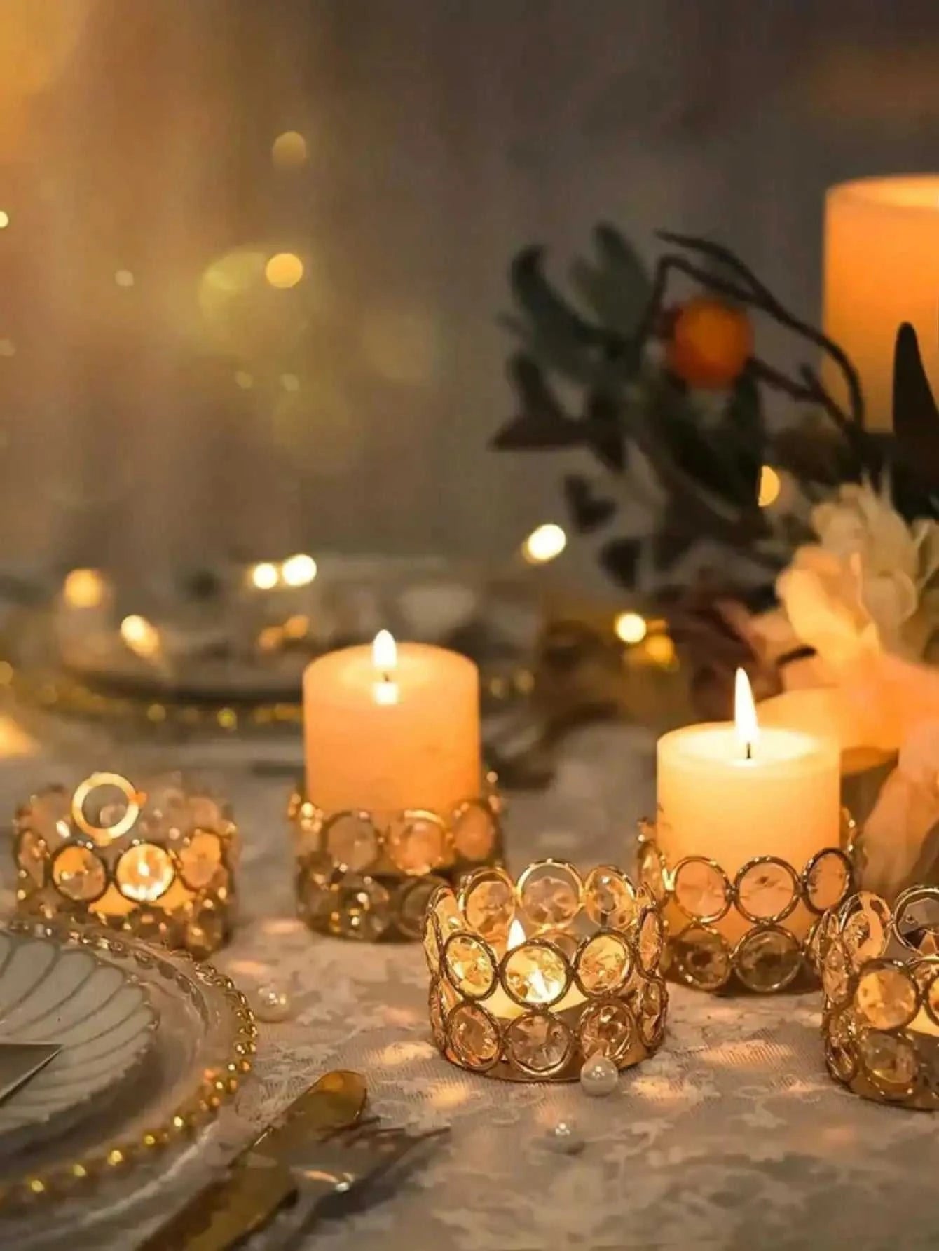 Silver gold crystal tea candle holder centerpiece for weddings and family gatherings