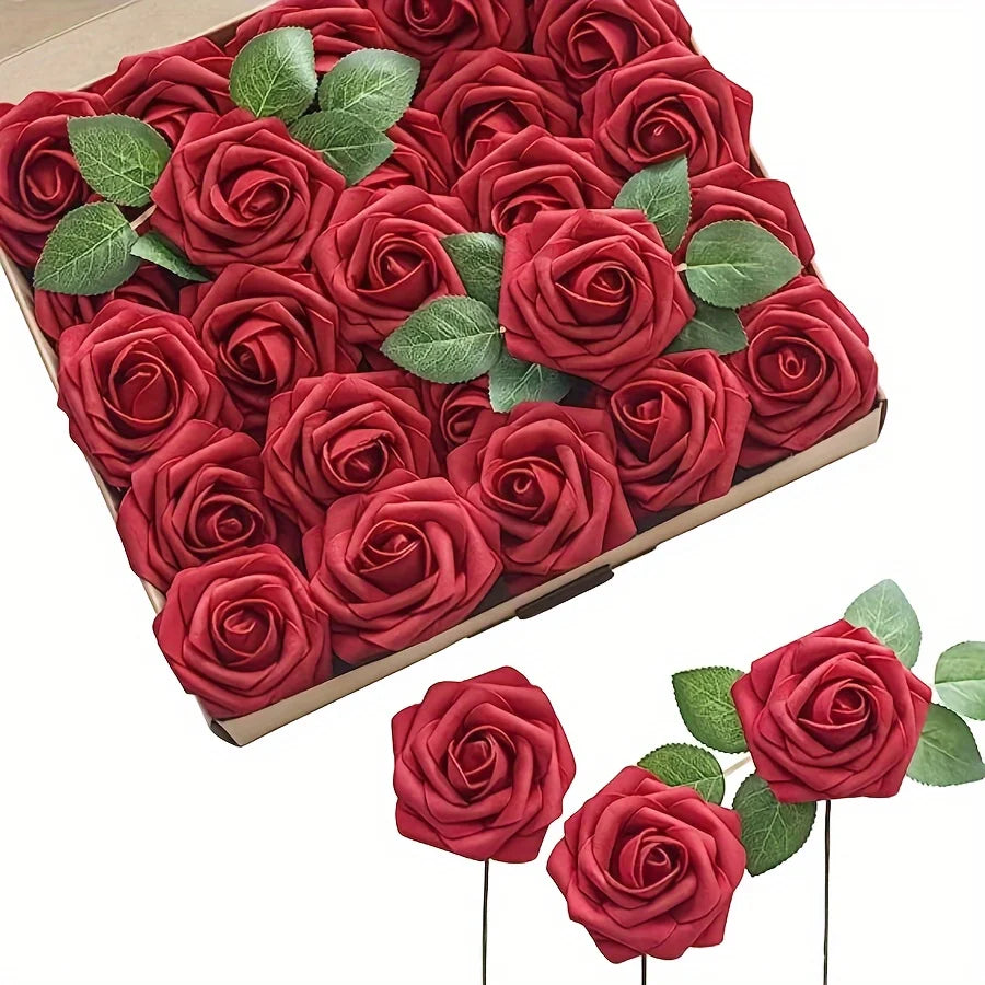 25PCS Artificial Foam Roses with Stems | DIY Wedding Bouquet & Centerpiece Flowers