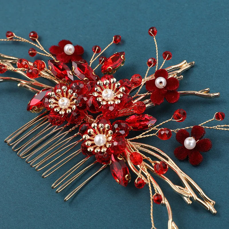 Vintage Red Crystal Flower Hair Clip