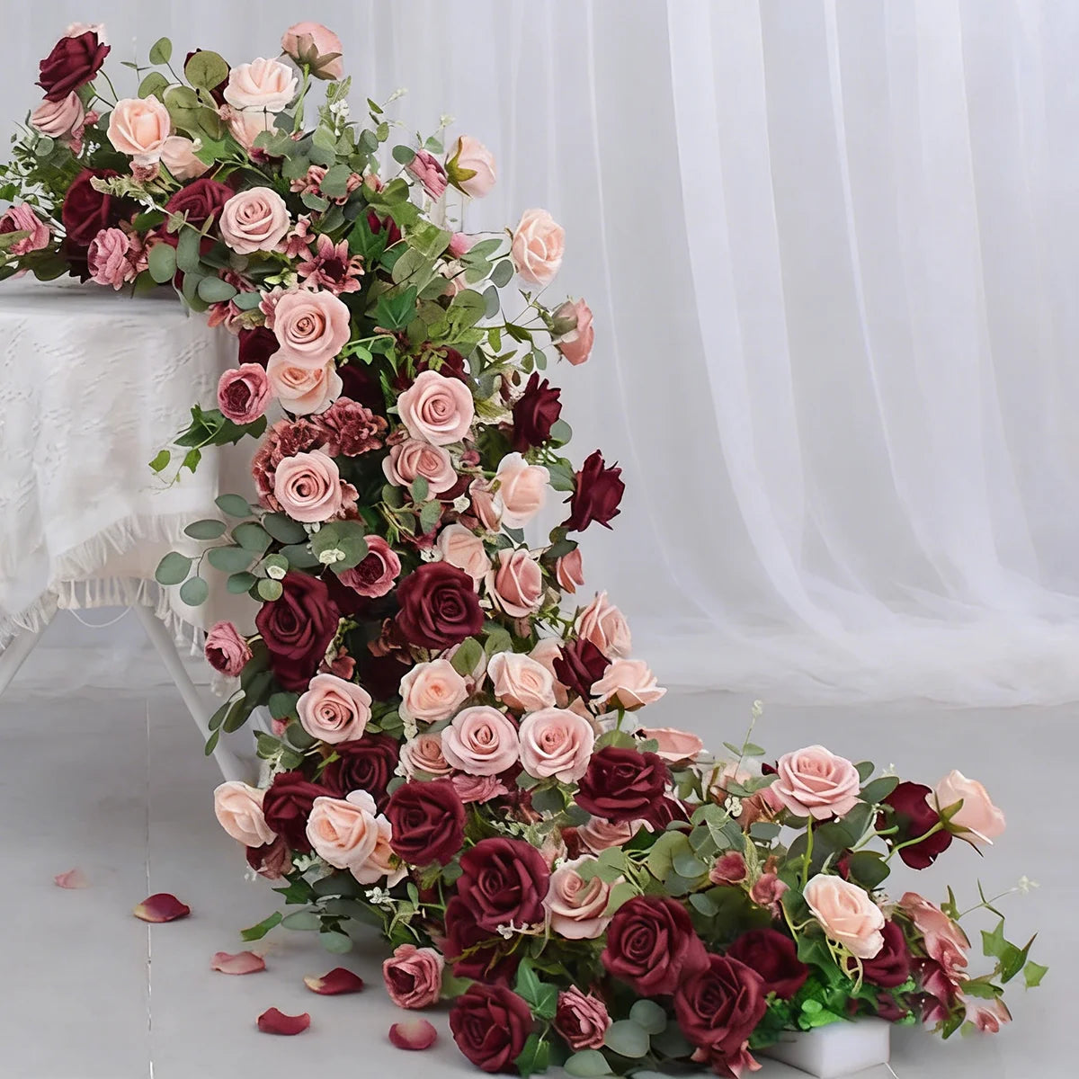 Burgundy and Blush Floral Wedding Table Runner and Flower Ball