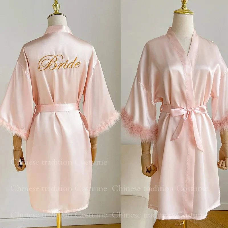White Bride Wedding Robe with Feathers Women Satin Peignoir Sexy Bride