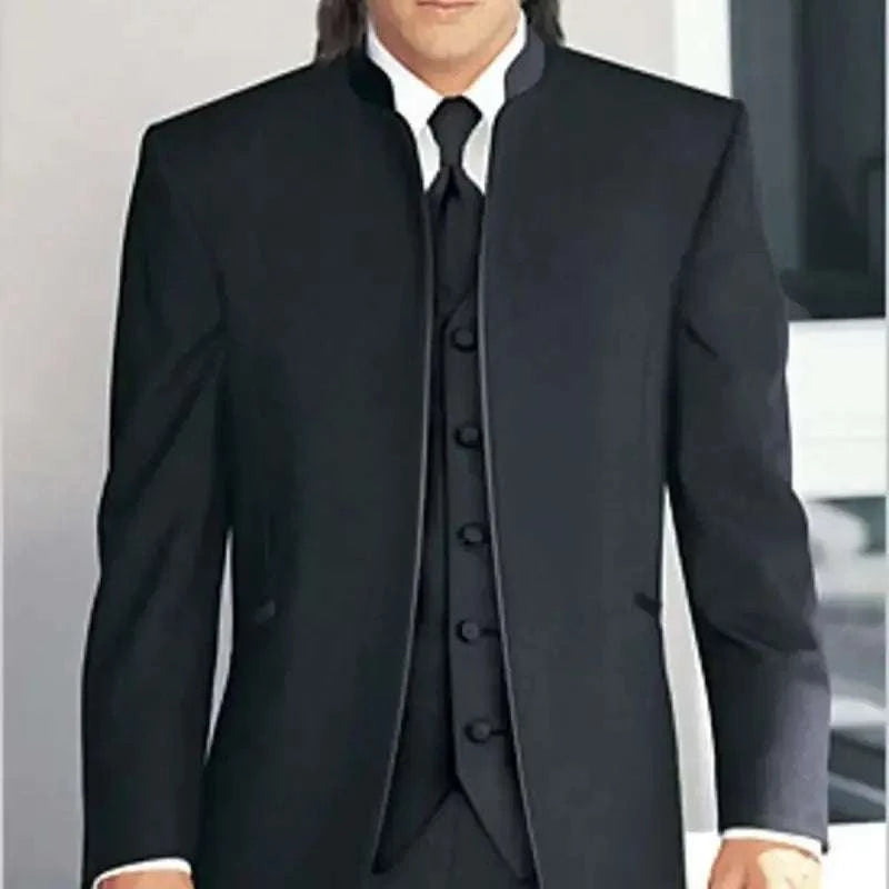 Custom Made Groomsmen Black Groom Tuxedos Mandarin Lapel Best Man Groo