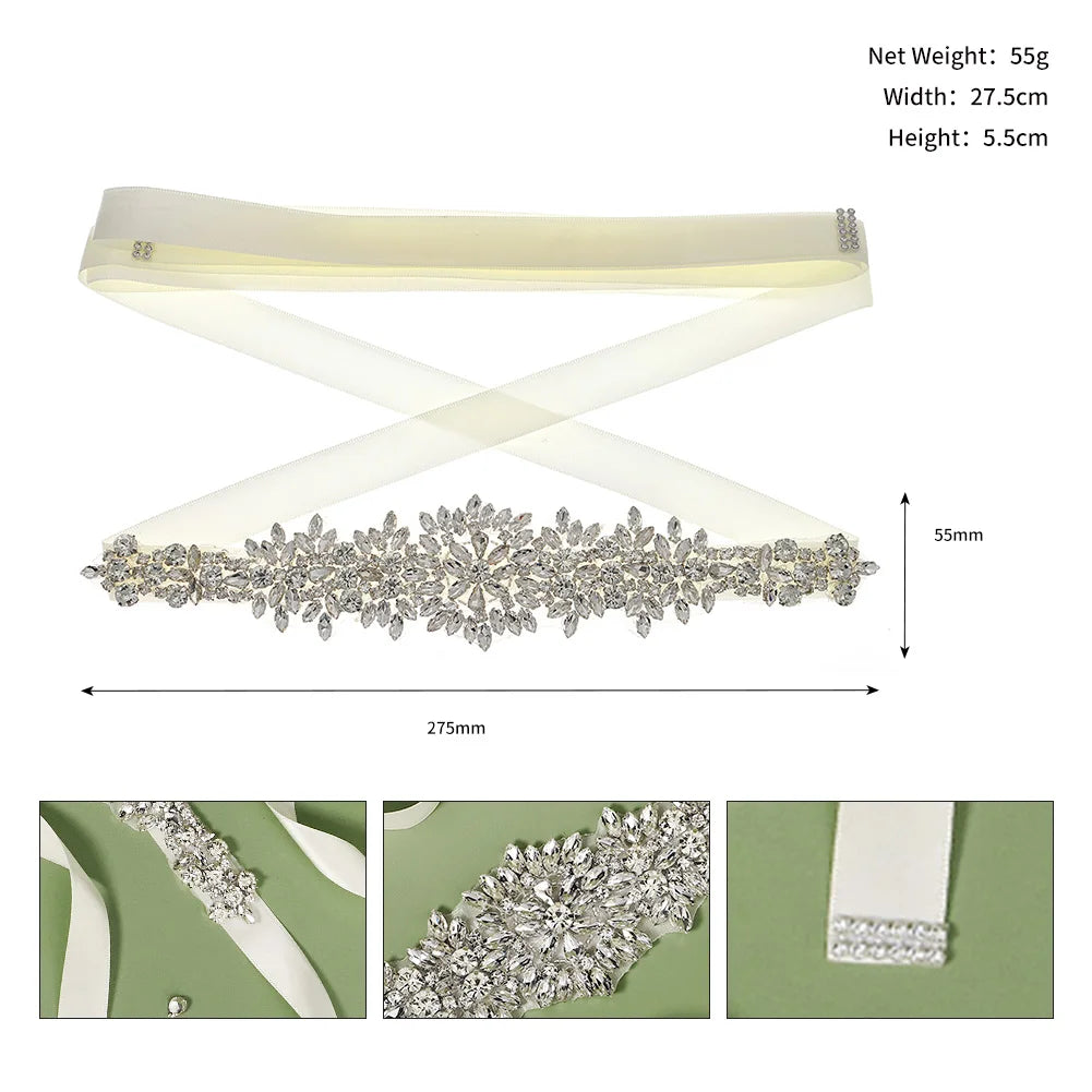 Crystal Rhinestone Bridal Sash Belt with Ivory Ribbon