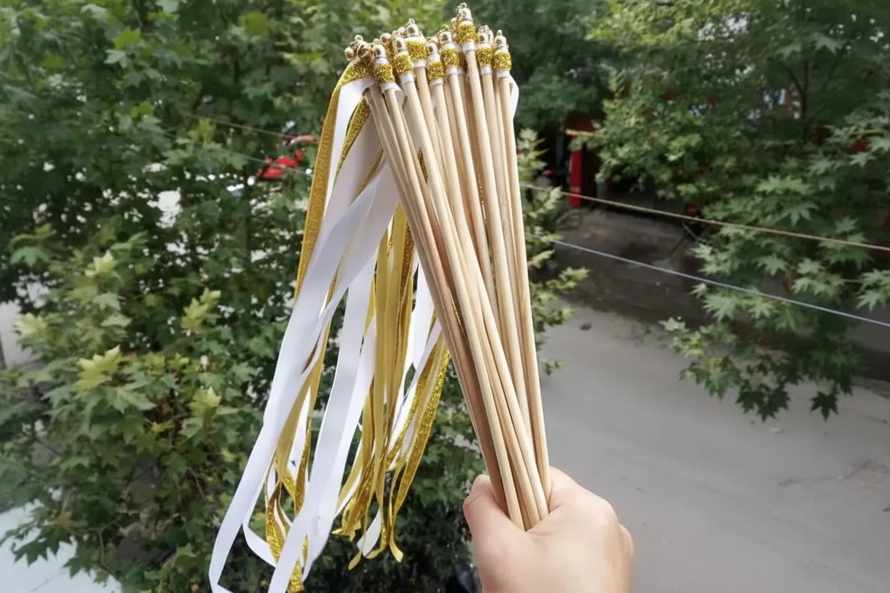 Gold White Wedding Ribbon Wands