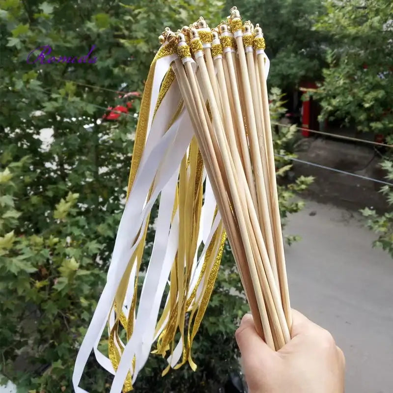 Gold White Wedding Ribbon Wands