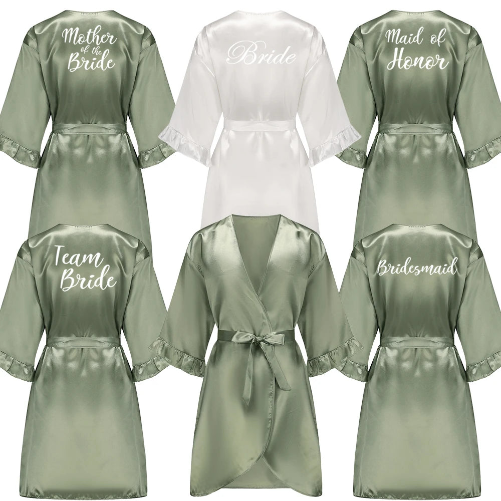 Sage Green and White Satin Silk Robes for Wedding Party