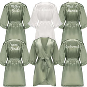 Sage Green and White Satin Silk Robes for Wedding Party