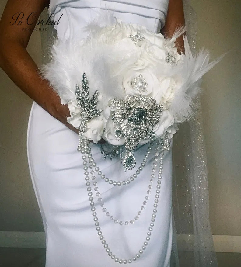 Feather Pearl Cascading Brooch Bouquet