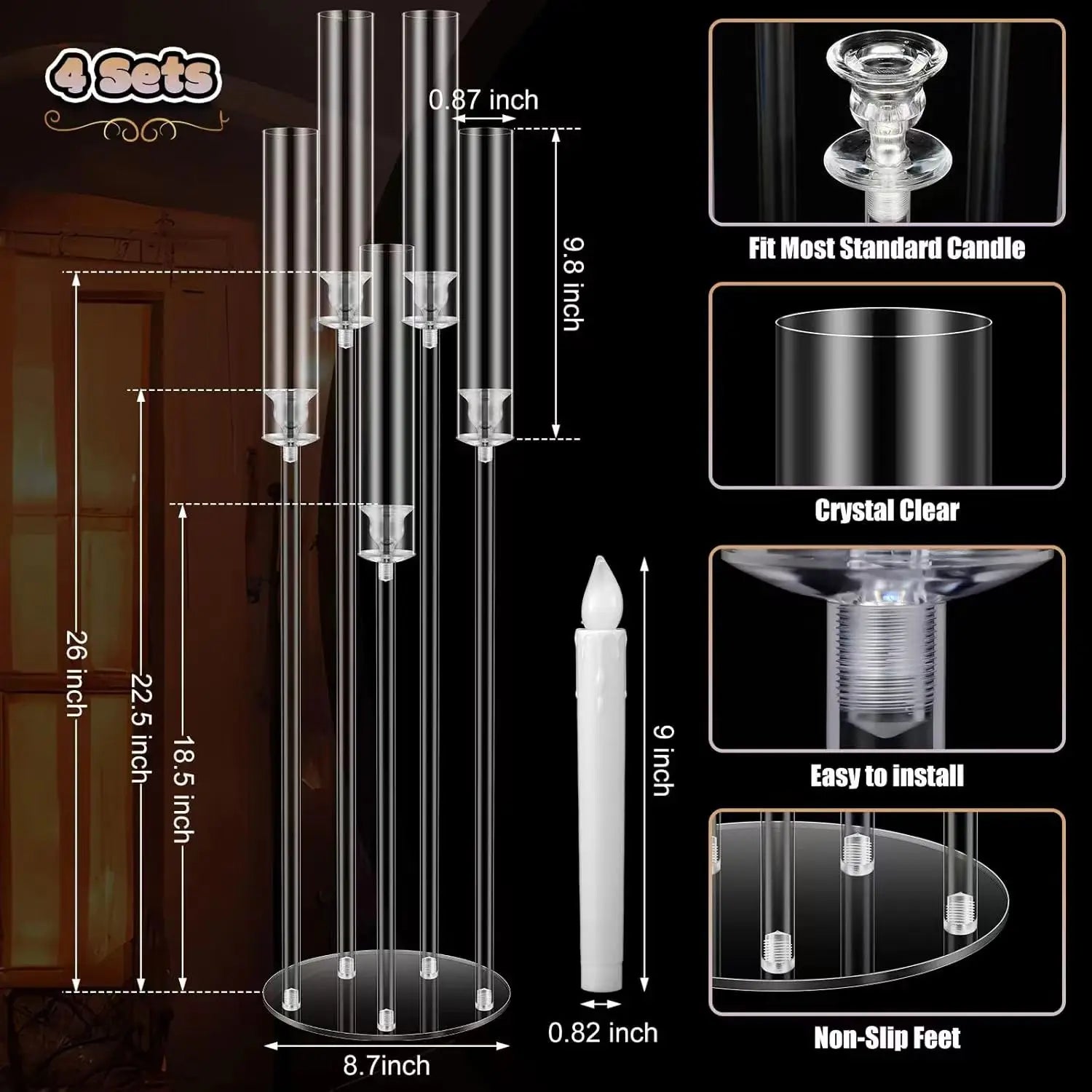 Clear Acrylic Taper Candle Holders - 8 PCS