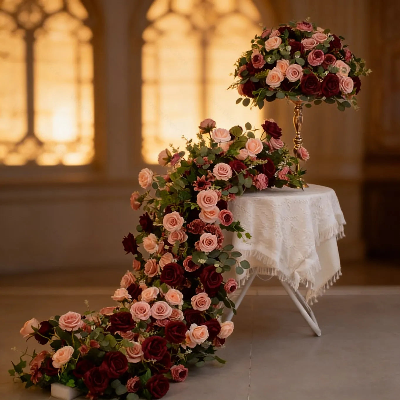 Burgundy and Blush Floral Wedding Table Runner and Flower Ball