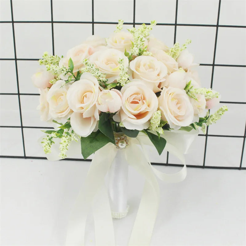 Bridal Bridesmaid Wedding Bouquet White Silk Flowers Roses Handmade  A