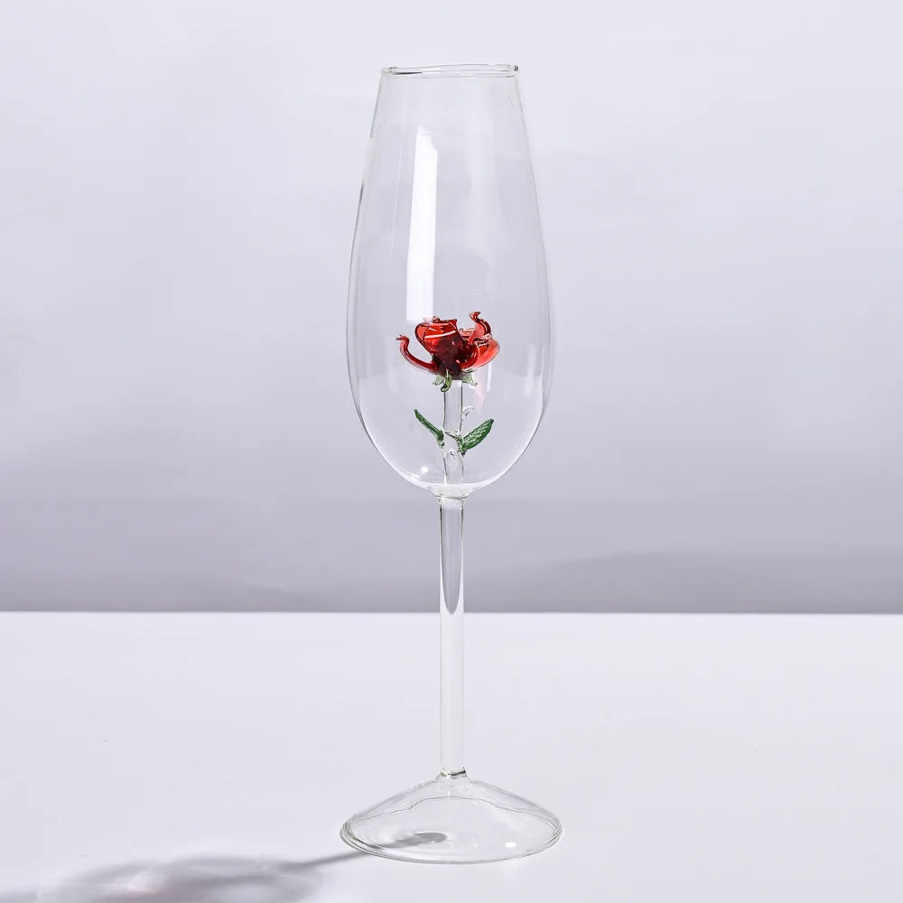 Elegant Champagne Flute Creative 3D Red Flower Build In Glasses Champa