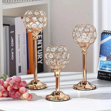 Set of three golden candle holders with crystal ball tea light design, elegant wedding and home decor centerpieces