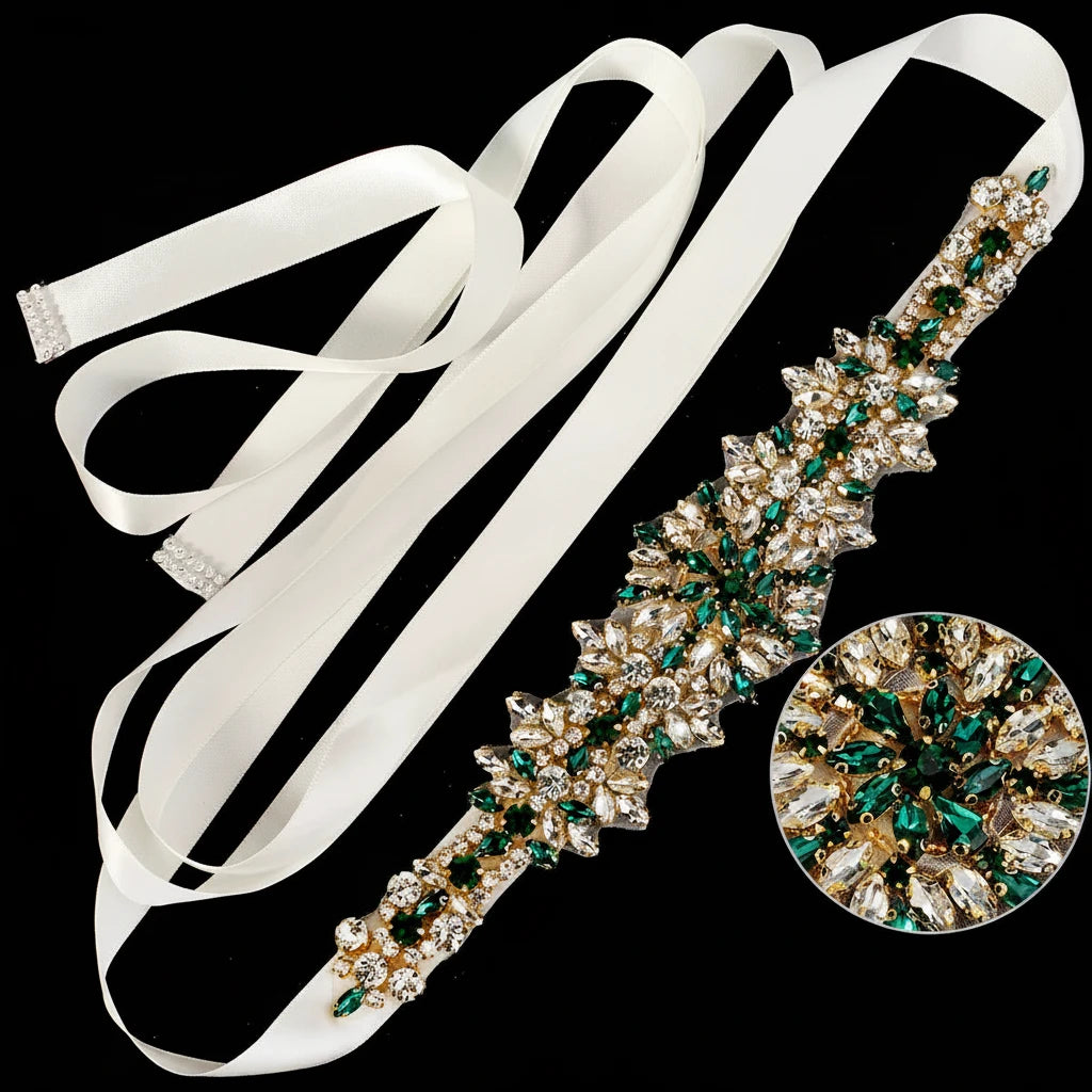 Crystal Rhinestone Bridal Sash Belt with Ivory Ribbon