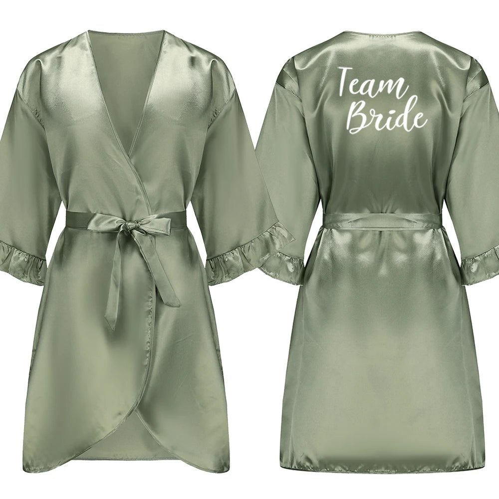 Sage Green and White Satin Silk Robes for Wedding Party