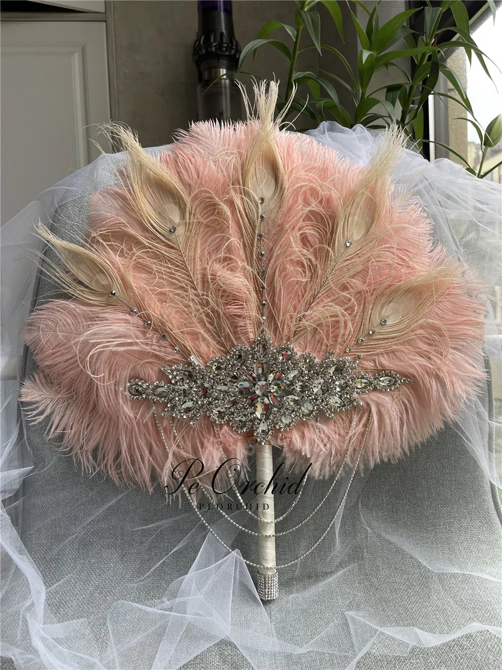 Pink Crystal Feather Bridal Fan