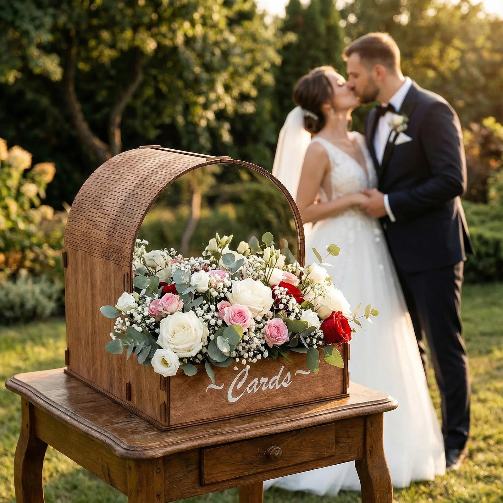 Wooden Wedding Card Box with Floral Arrangement