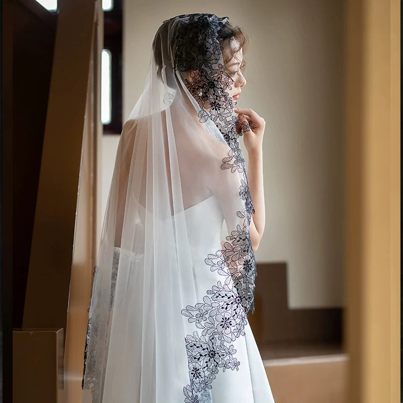 Black Lace Cathedral Bridal Veil
