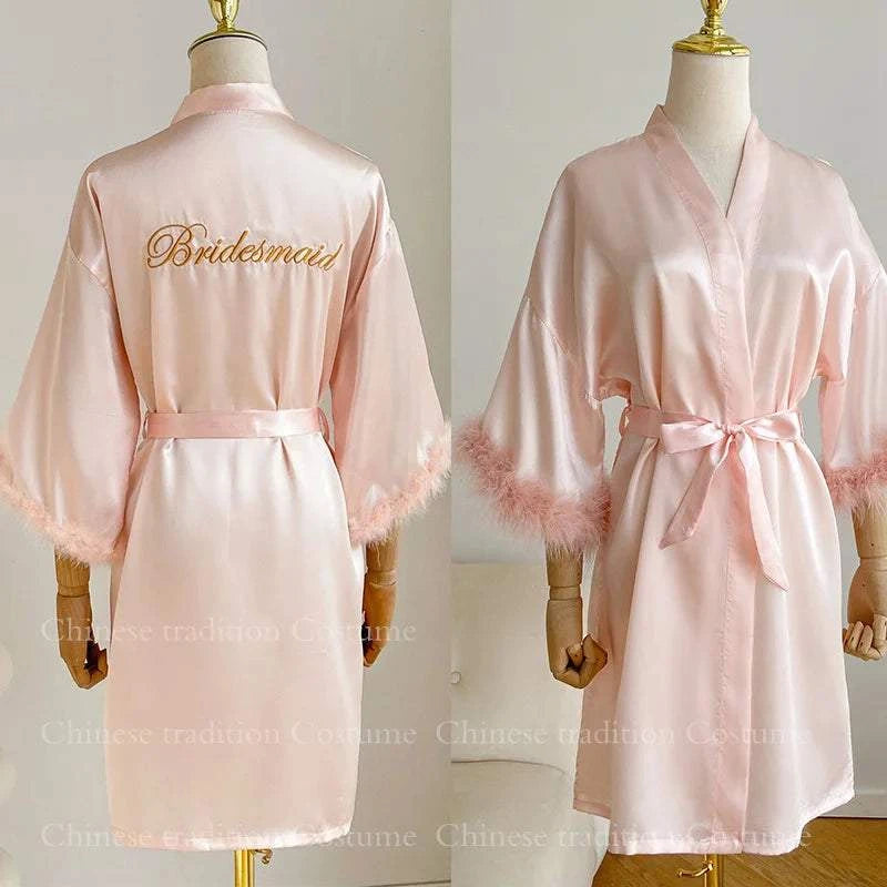White Bride Wedding Robe with Feathers Women Satin Peignoir Sexy Bride