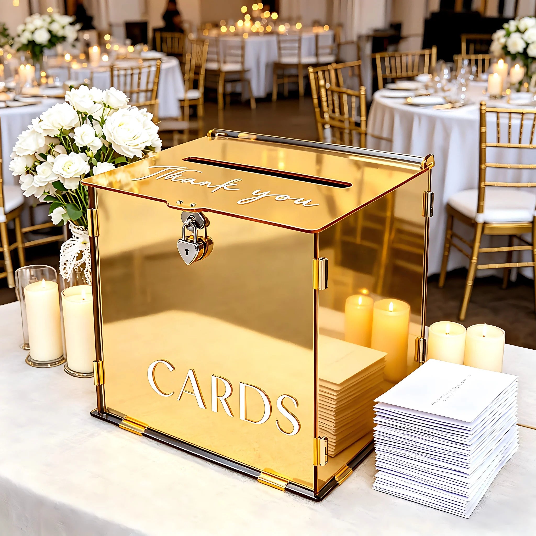 Gold Acrylic Wedding Card Box with Lock  
Gold Mirror Acrylic