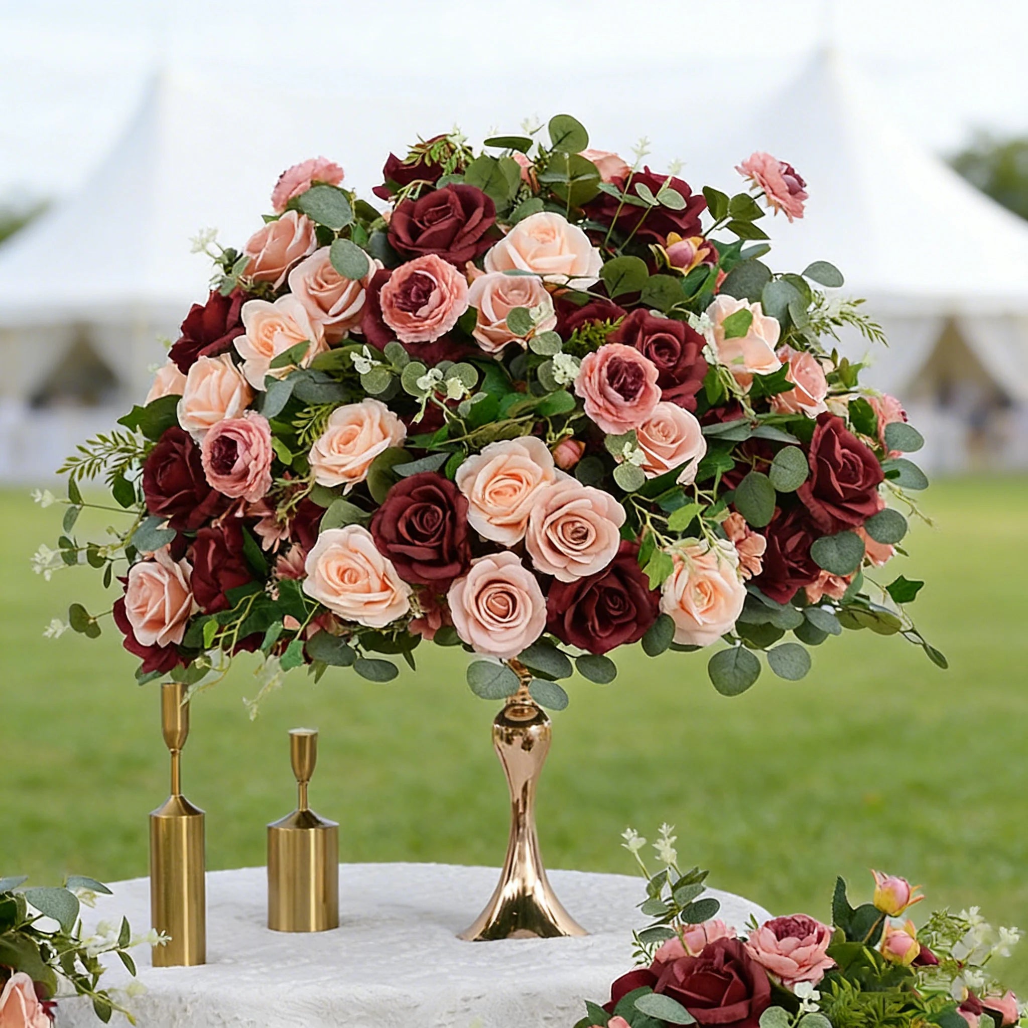 Burgundy and Blush Floral Wedding Table Runner and Flower Ball