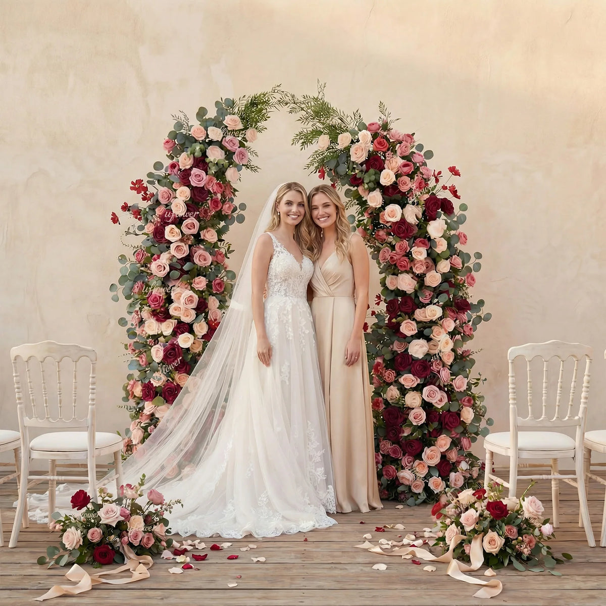 Romantic Rose & Eucalyptus Wedding Arch Floral Arrangement