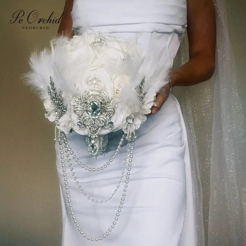 Feather Pearl Cascading Brooch Bouquet