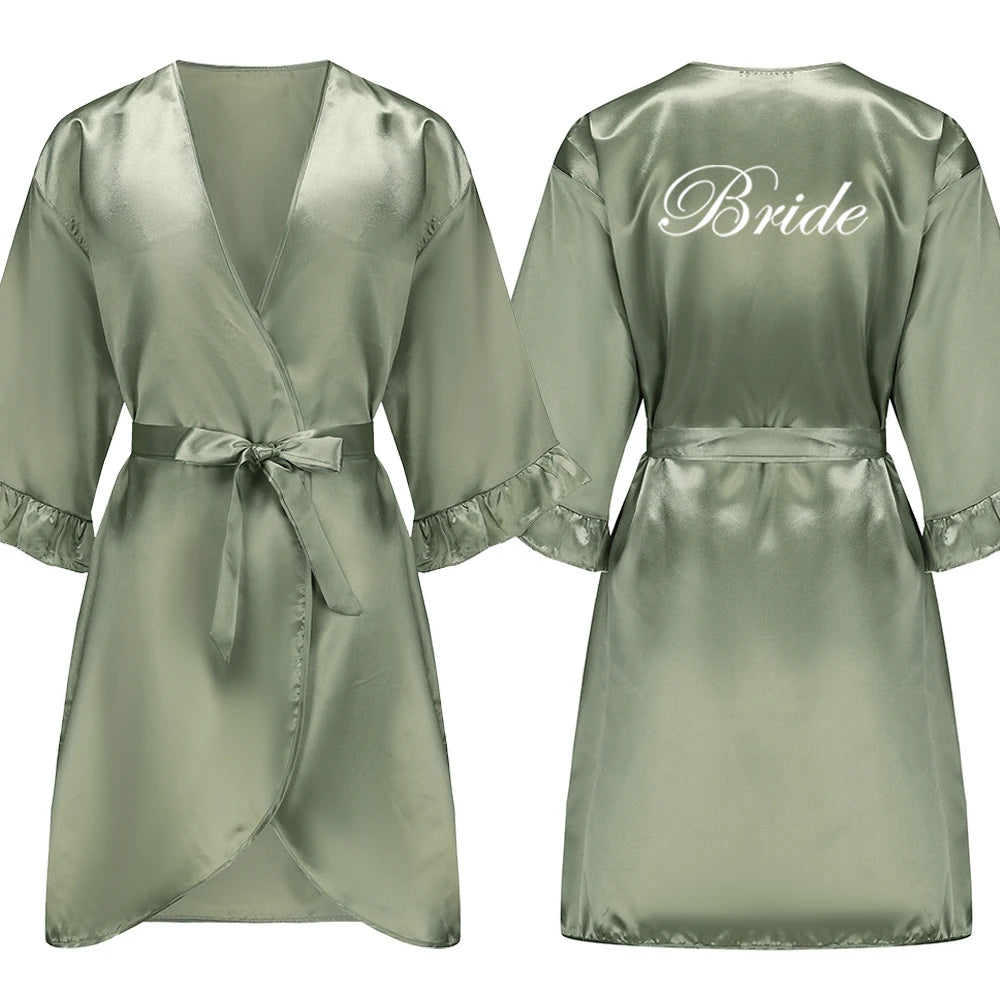 Sage Green and White Satin Silk Robes for Wedding Party