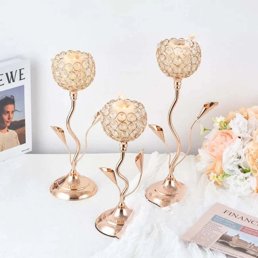 Gold Crystal Candle Holder set with iron flower design for vintage table centerpiece and decor