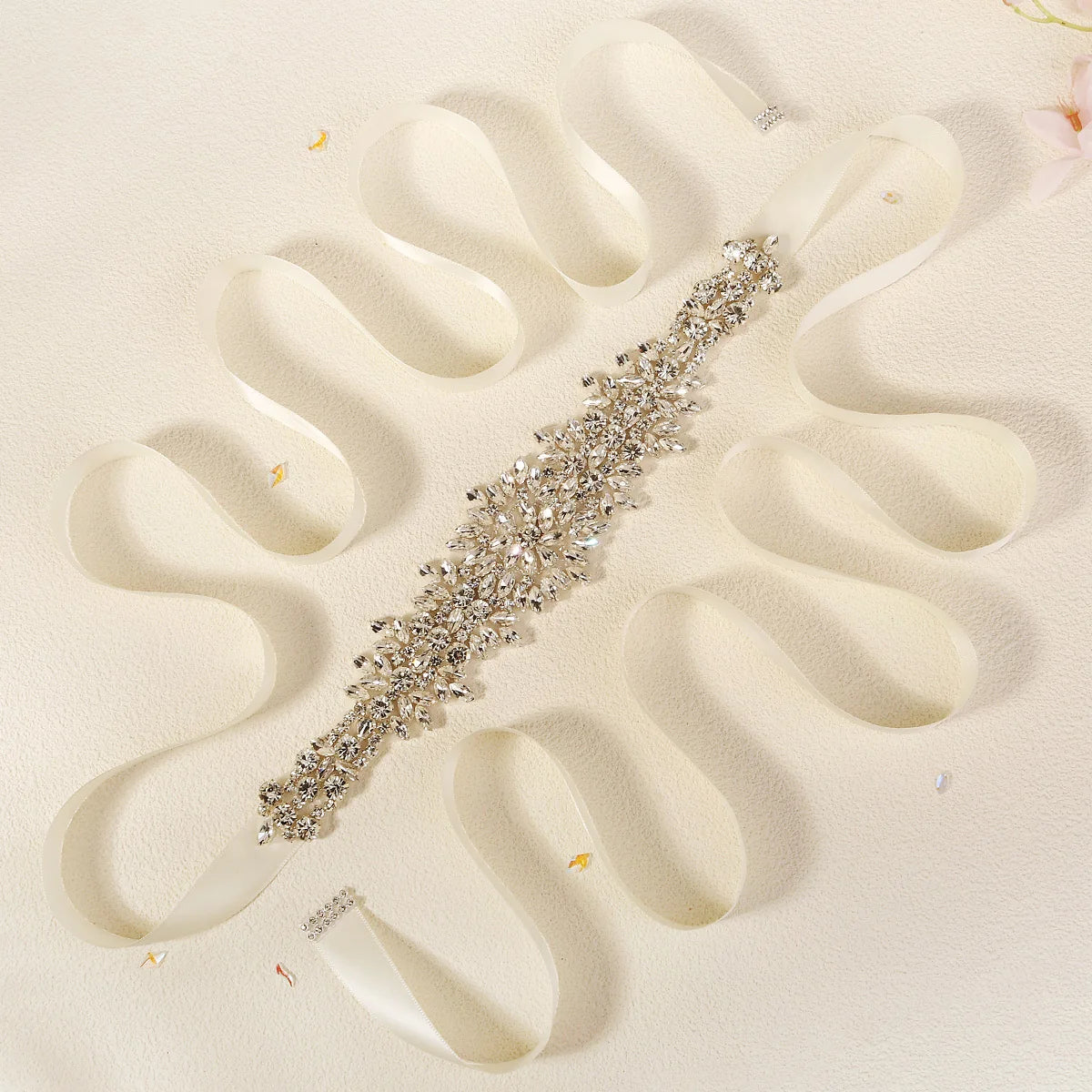 Crystal Rhinestone Bridal Sash Belt with Ivory Ribbon