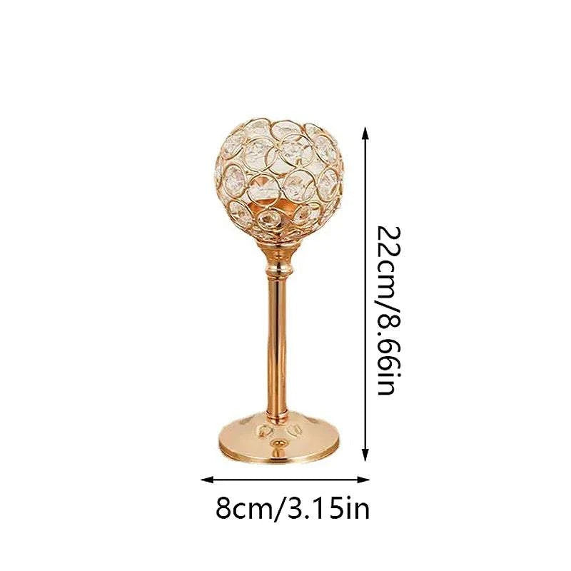 Golden candle holder tea light candlestick with crystal globe design and gold finish, 22cm tall and 8cm base diameter