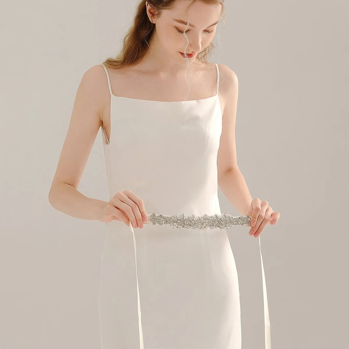 Crystal Rhinestone Bridal Sash Belt with Ivory Ribbon