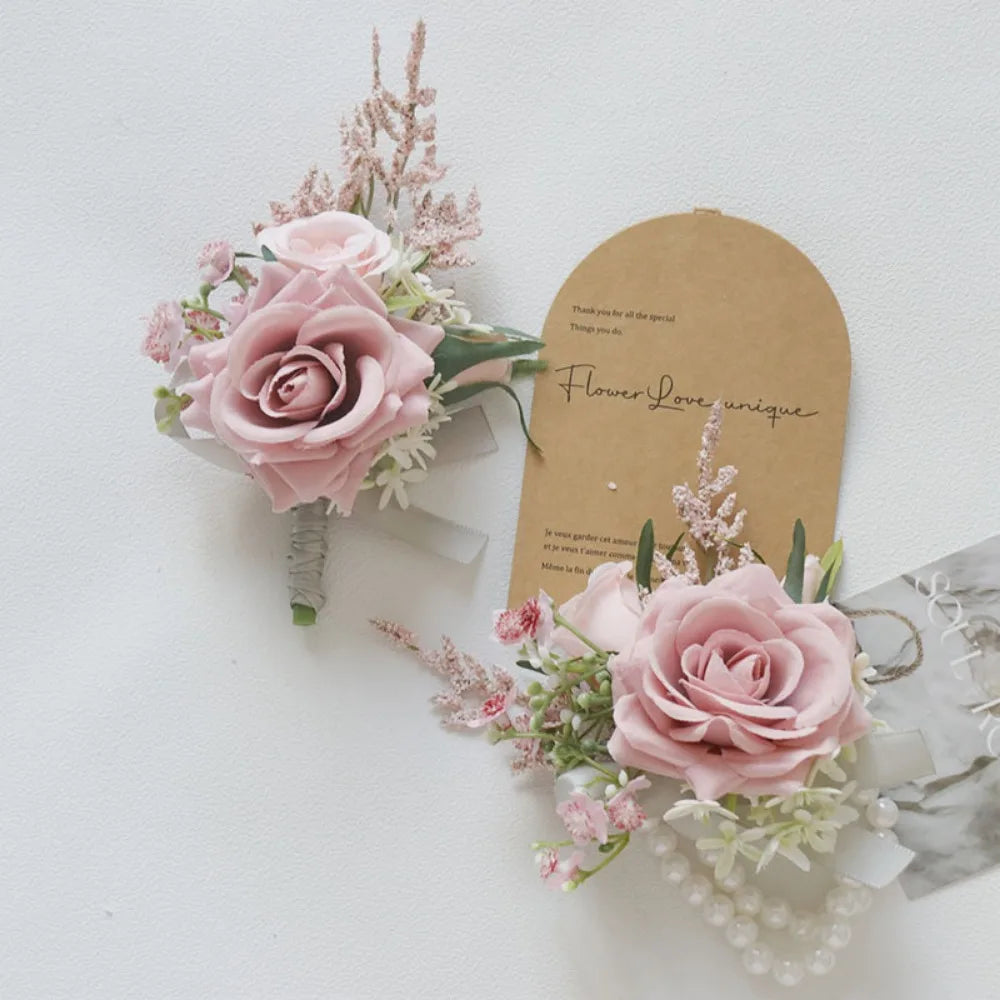 Pink Wedding Boutonniere Corsage Set