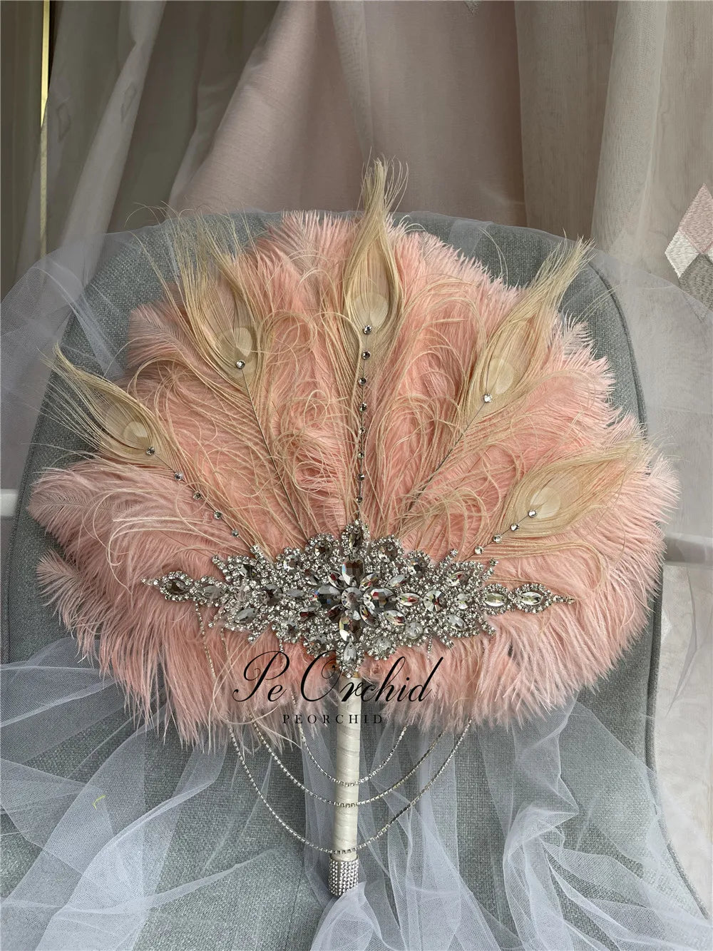 Pink Crystal Feather Bridal Fan